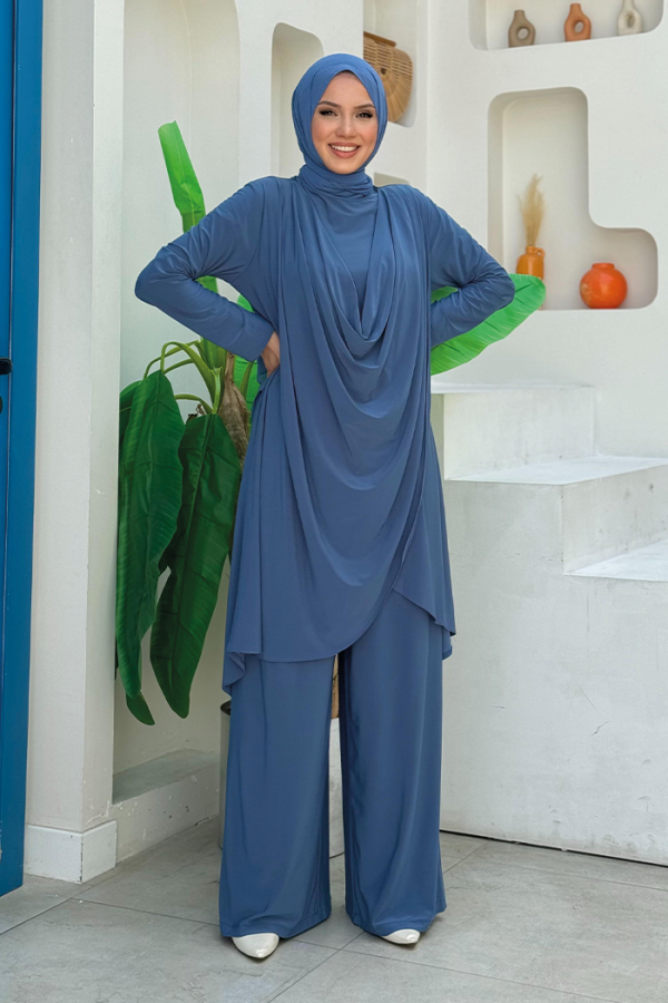 Shawl Collar Biased Asymmetric Cut Trouser Tunic Set 8552