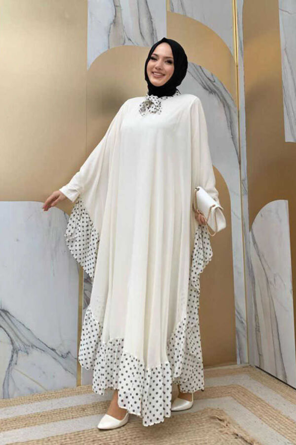 Spotted Collar Detail Chiffon Cape Dress Set 3643