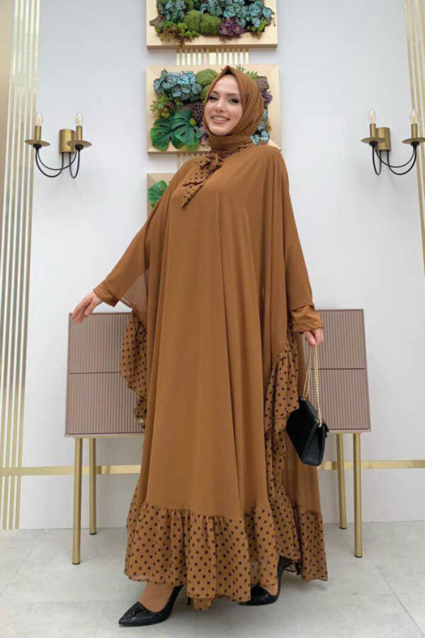 Spotted Collar Detail Chiffon Cape Dress Set 3643