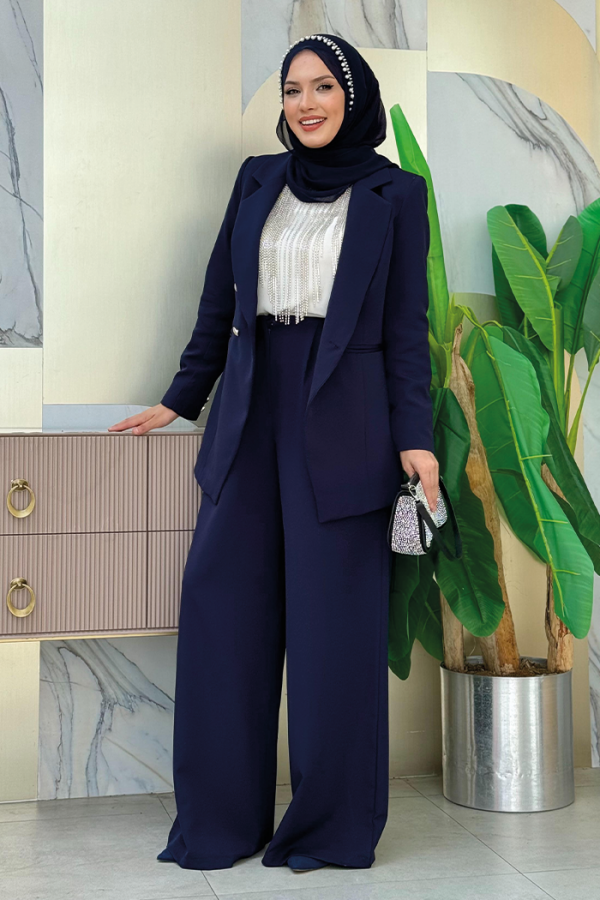 Button Detail Blazer Jacket Wide Trousers Set 8302