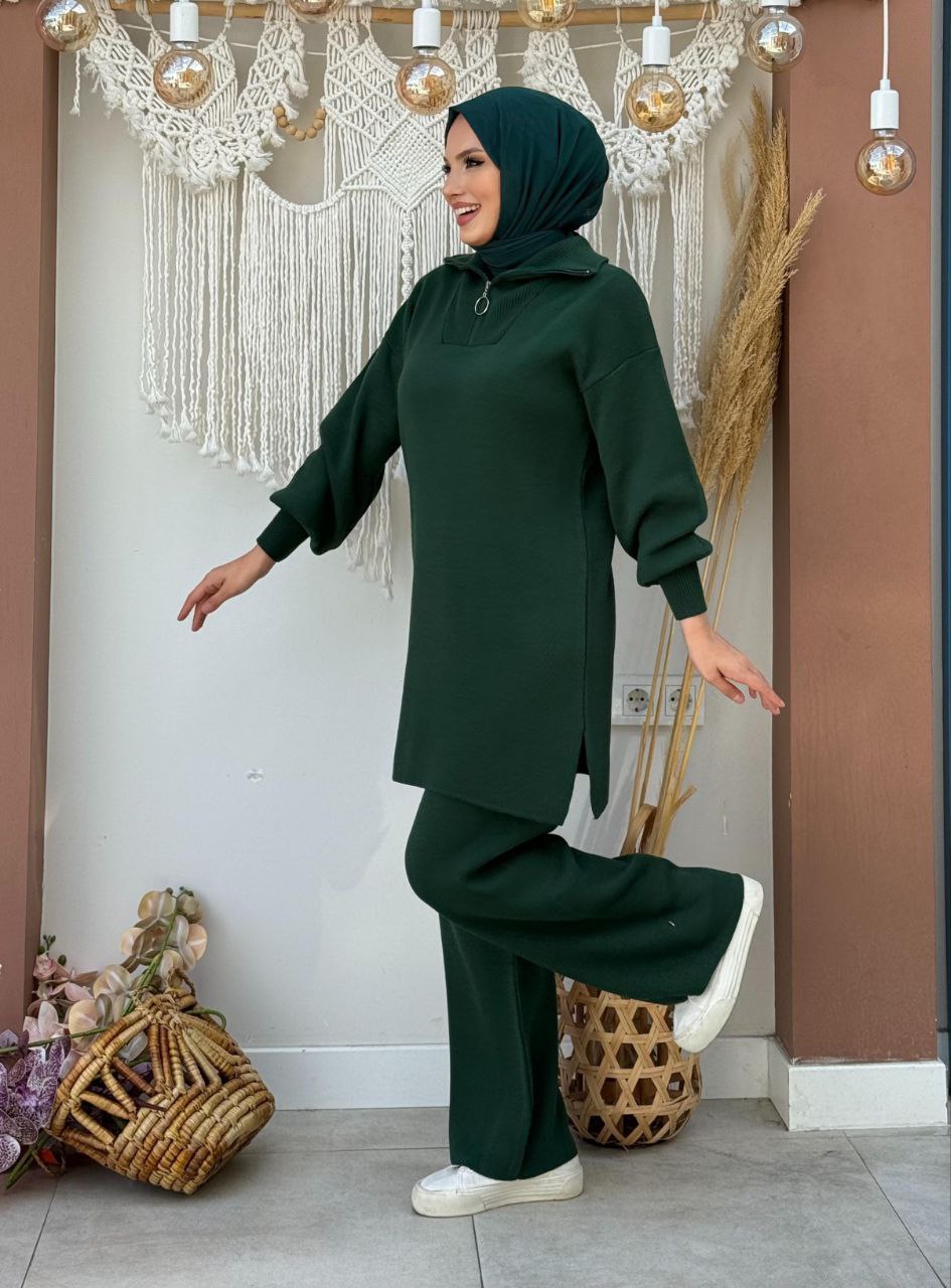 Zippered Collar Tunic and Trousers Double Knitwear Set 2-1535