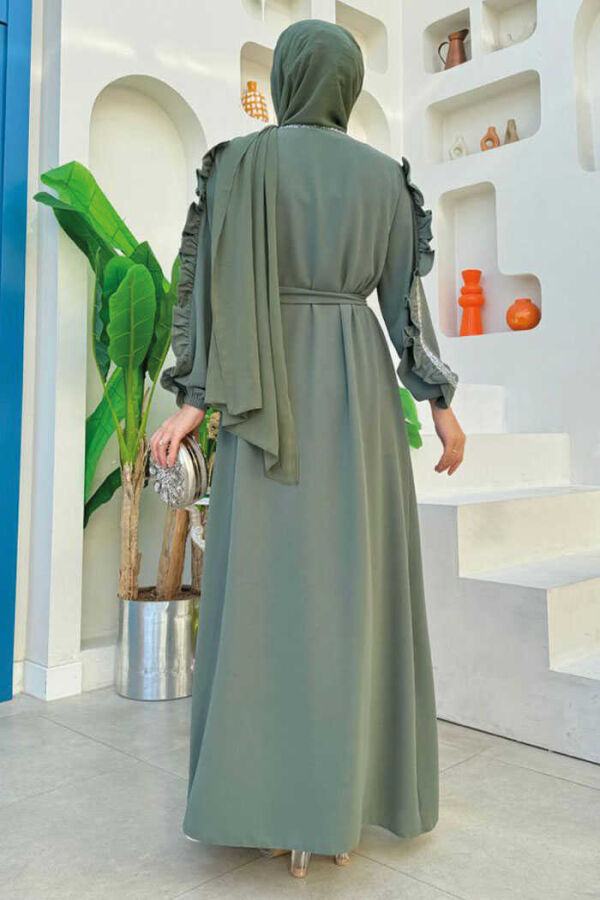 Frilled Sleeve Stone Detail Abaya Suit 8484