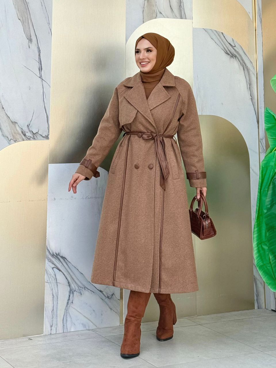 Lined Leather Detail Waist Belted Cashmere Coat 7868