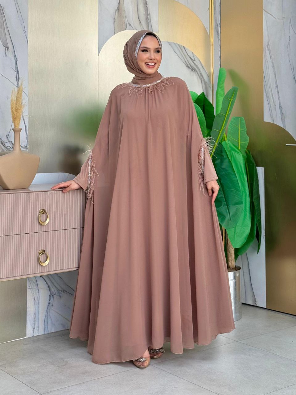 Tassel Collar Stone Detailed Abaya Dress Set 8494