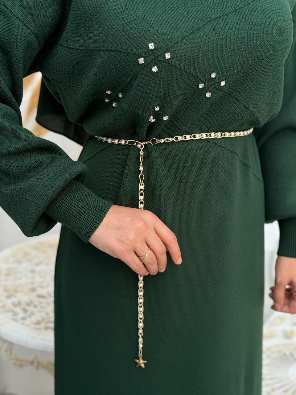 Long Knitwear Dress with Zippered Collar and Stone Detail 2-1555