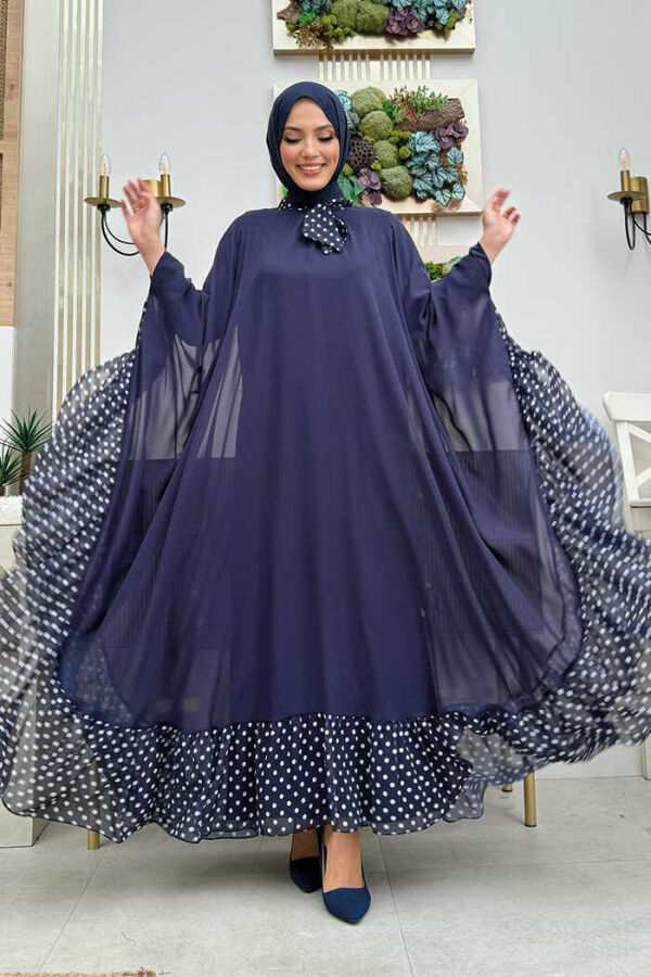 Spotted Collar Detail Chiffon Cape Dress Set 3643