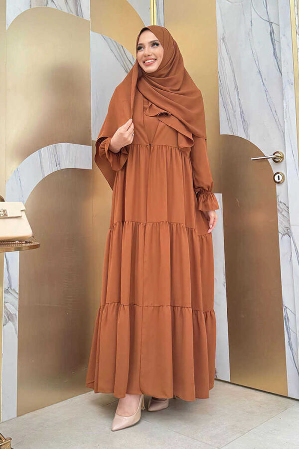 Elasticated Sleeve Layered Abaya Dress Set 3859