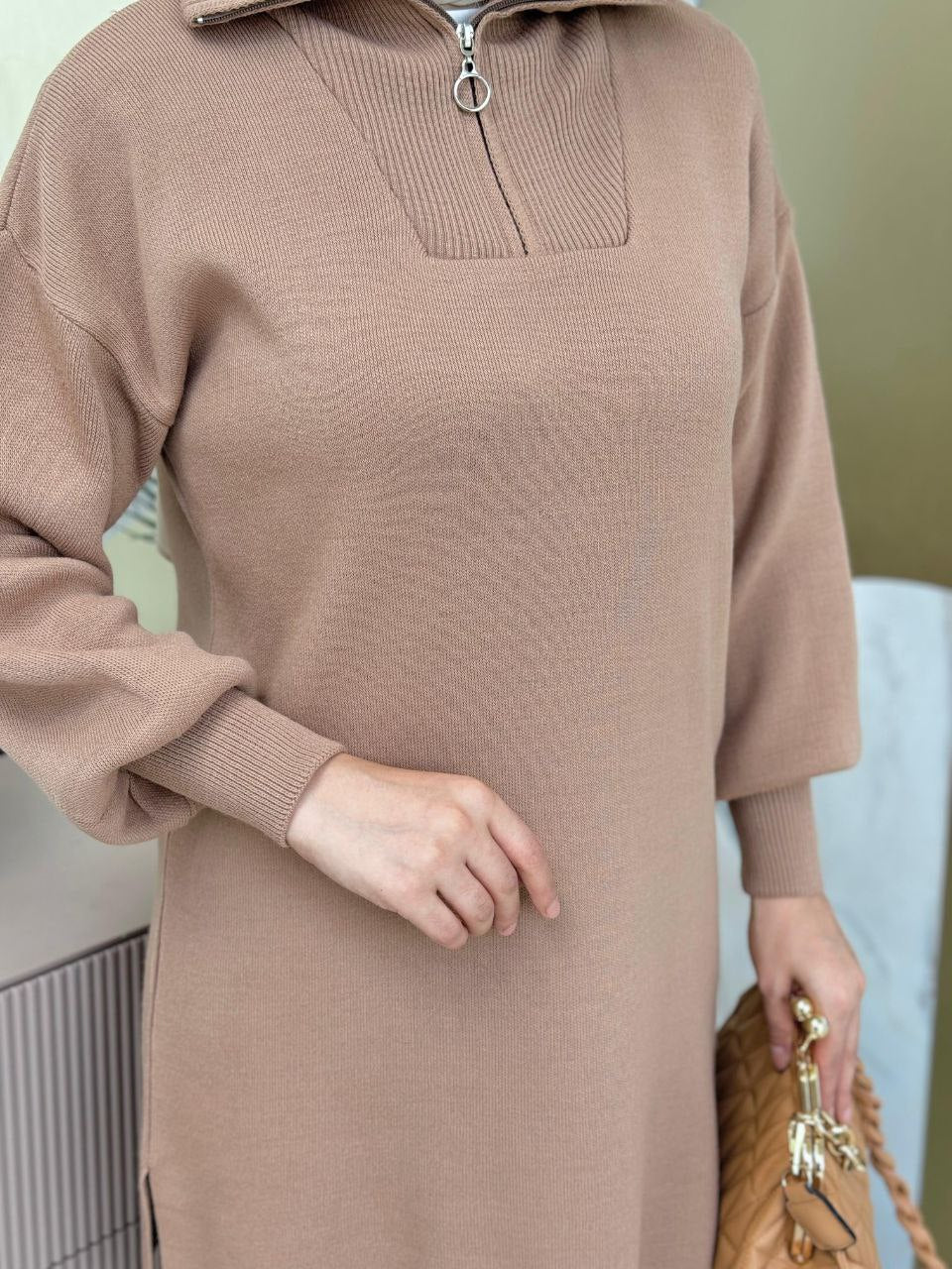 Zippered Collar Tunic and Trousers Double Knitwear Set 2-1535