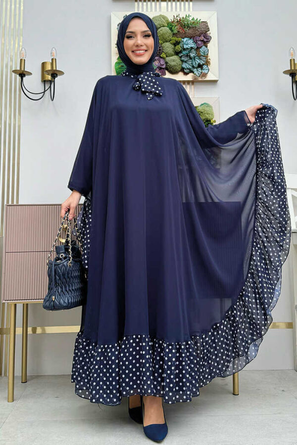 Spotted Collar Detail Chiffon Cape Dress Set 3643