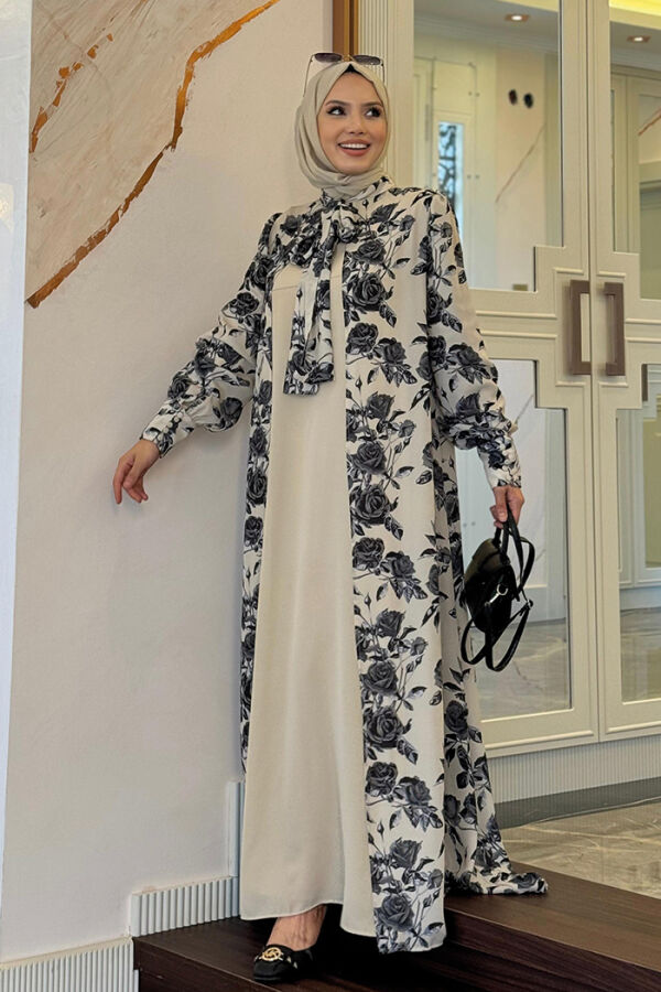 Tied Neck Floral Patterned Abaya Dress Set 3907