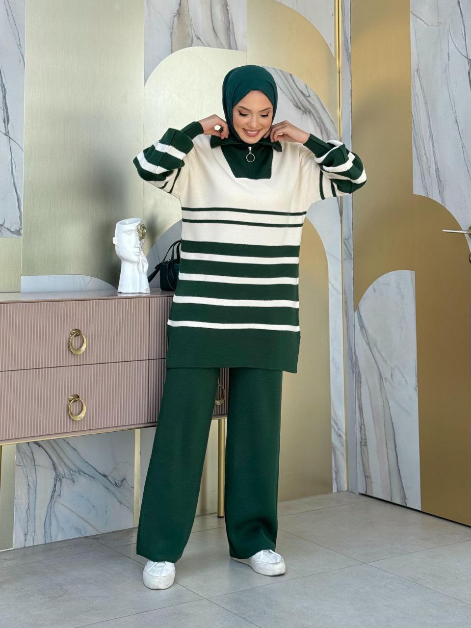 Zippered Collar Stripe Detailed Tunic and Trousers Two Piece Knitwear Set 2-6003