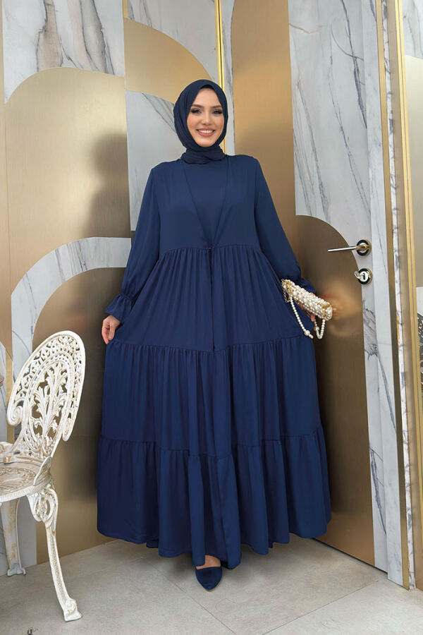 Elasticated Sleeve Layered Abaya Dress Set 3859