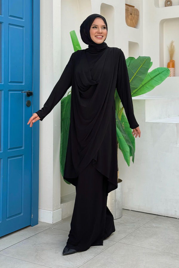 Shawl Collar Biased Asymmetric Cut Trouser Tunic Set 8552