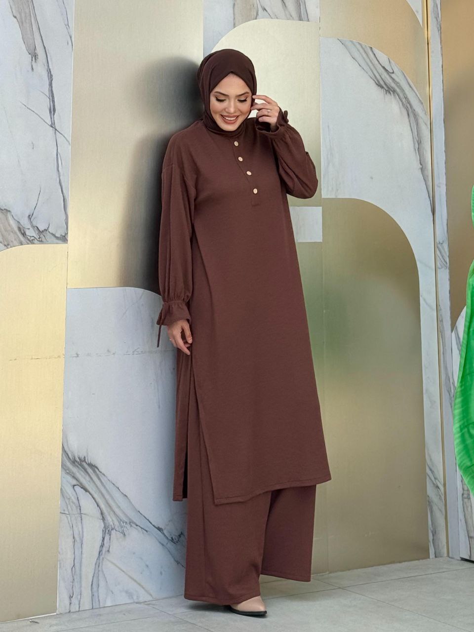 Button Detail Knitted Tunic and Trousers Double Suit 6020