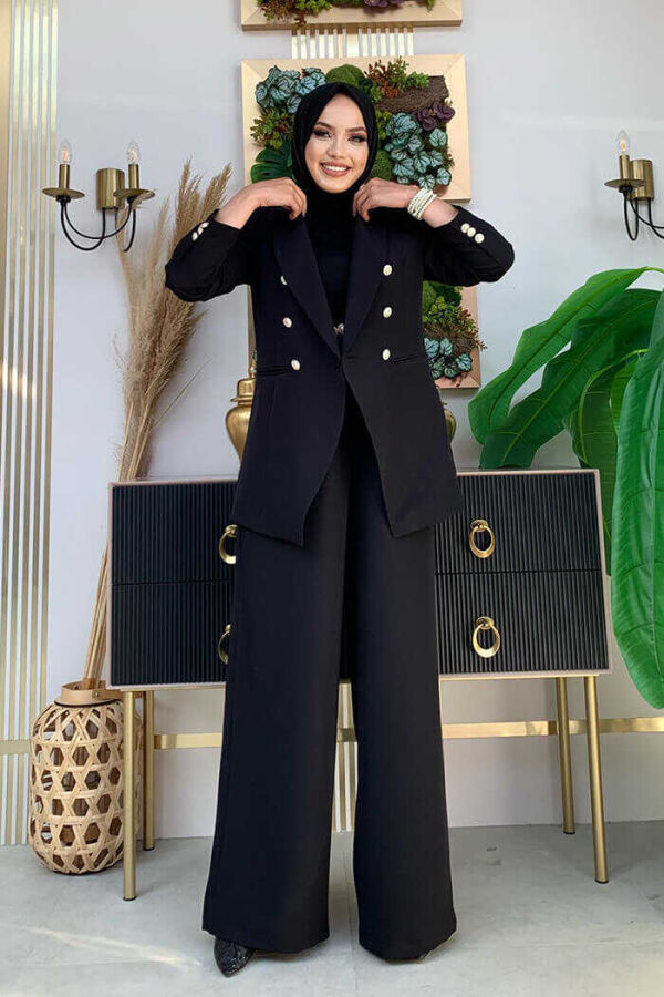 Button Detail Blazer Jacket Wide Trousers Set 8302