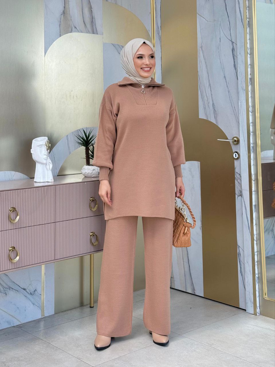 Zippered Collar Tunic and Trousers Double Knitwear Set 2-1535