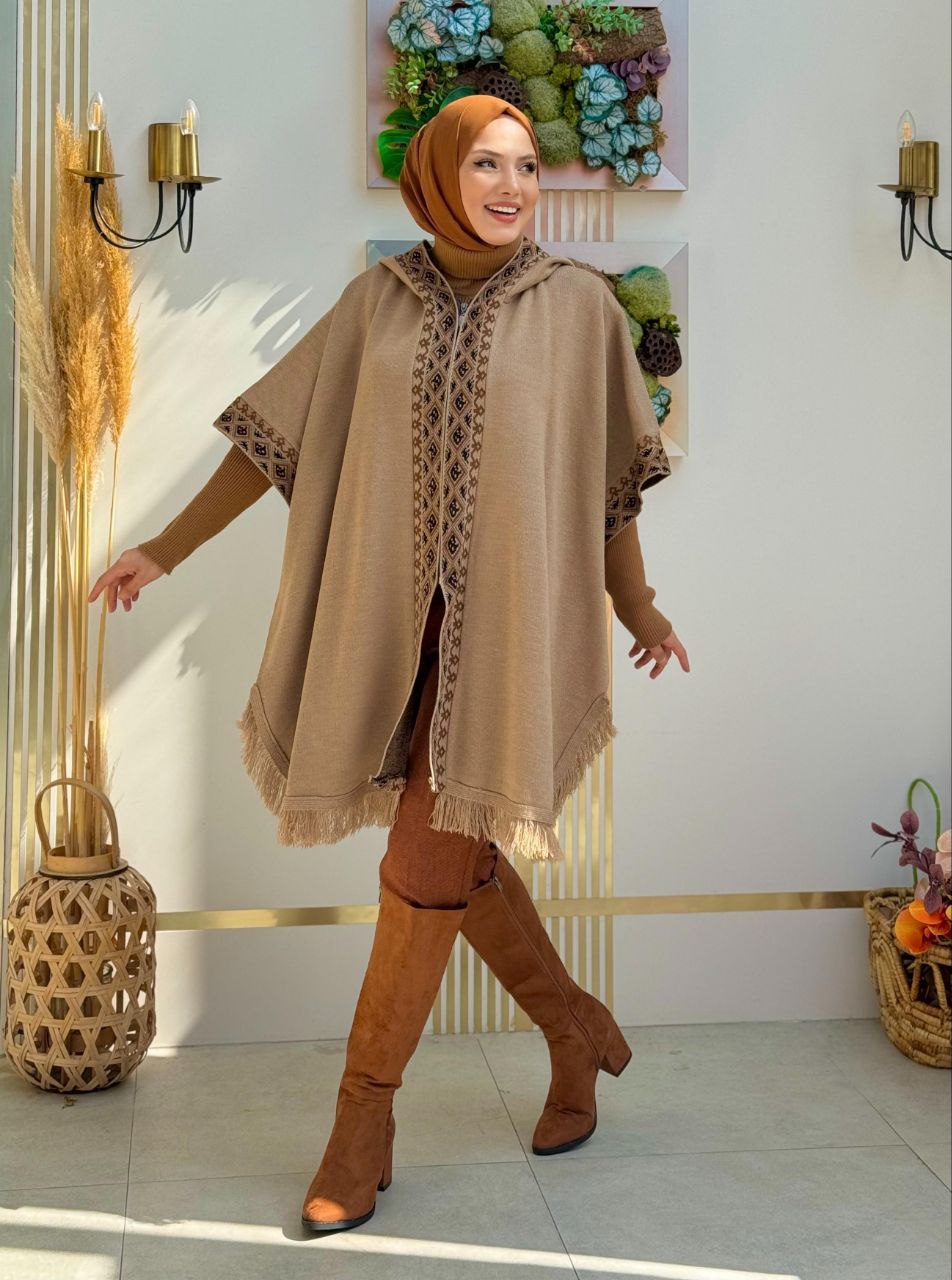 Hooded Zippered Tassel Detailed Knitwear Poncho 12023