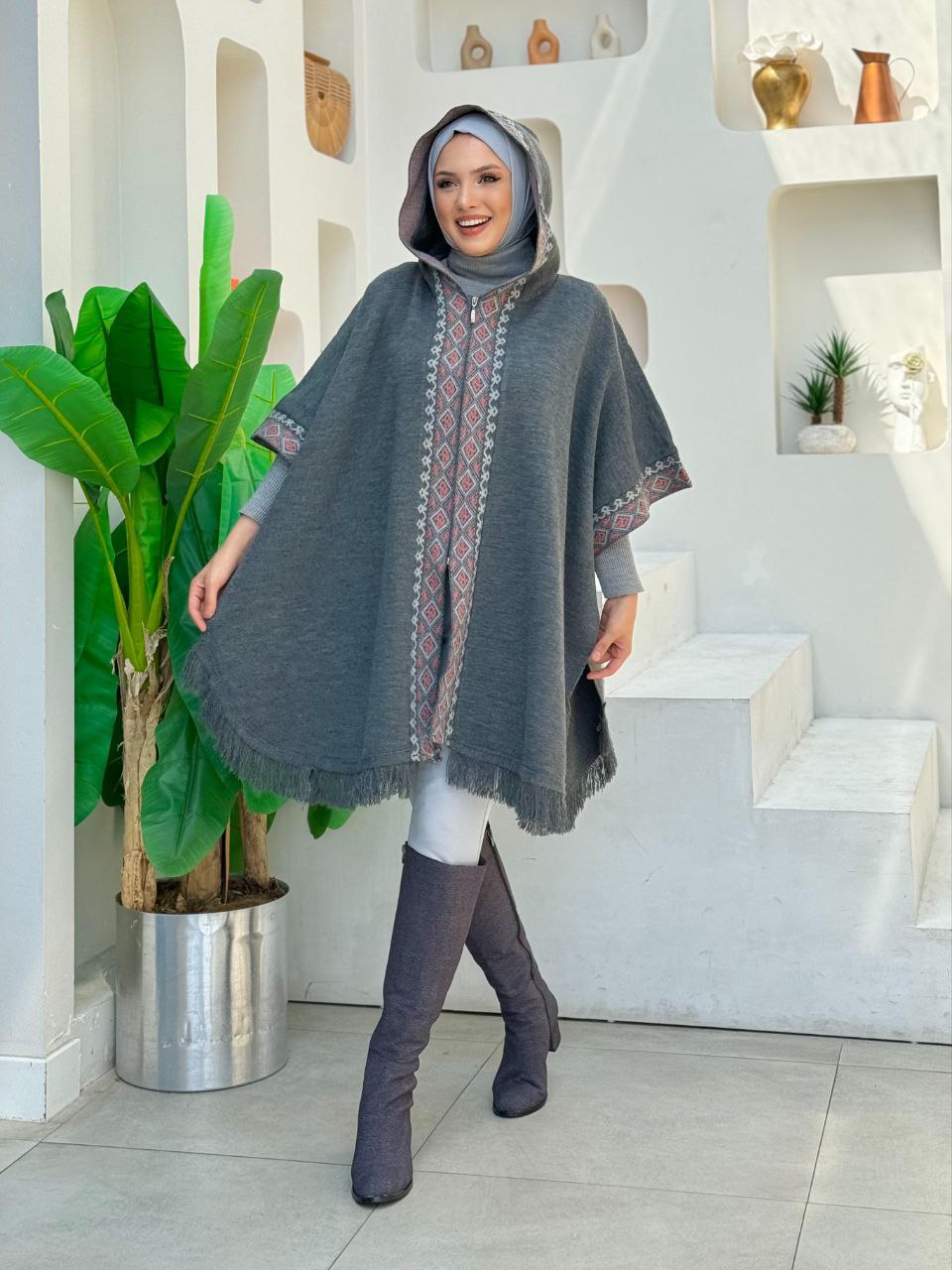 Hooded Zippered Tassel Detailed Knitwear Poncho 12023