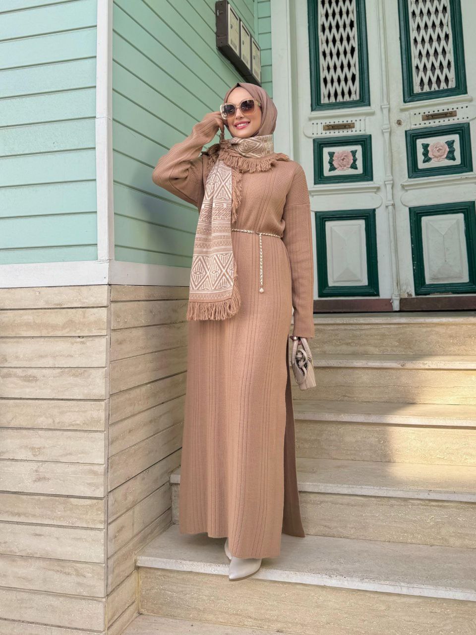 Turtleneck Slit Long Tunic and Trousers Double Knitwear Set 2-6001