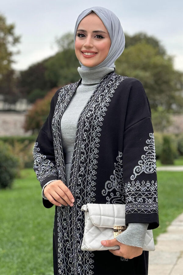 Glittery Ethnic Pattern Embroidered Detailed Knitwear Cardigan 18189