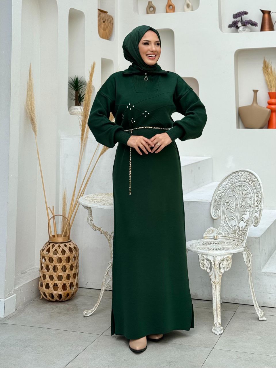 Long Knitwear Dress with Zippered Collar and Stone Detail 2-1555