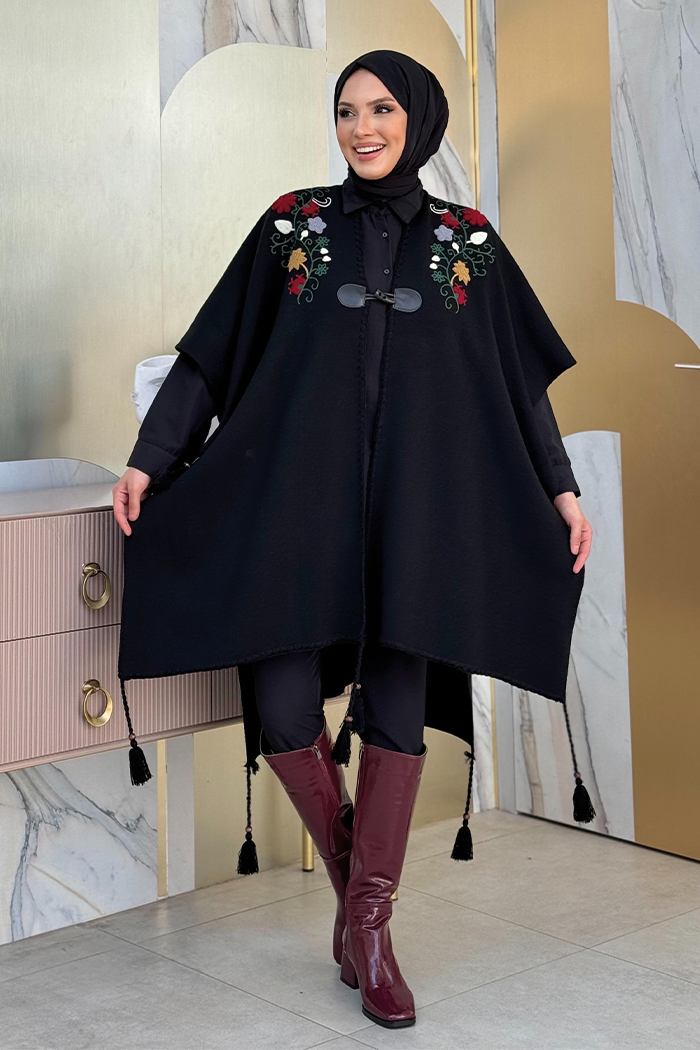 Shoulder Embroidery Detailed Shirt and Knitwear Poncho Double Suit 12031