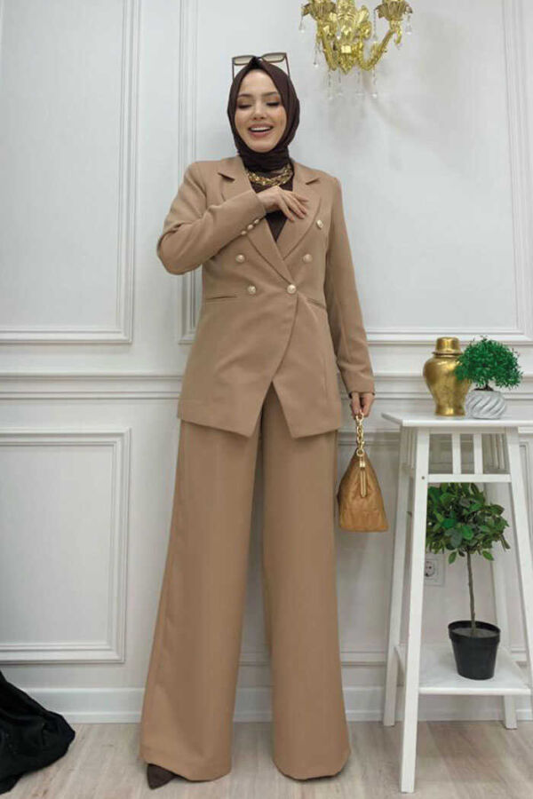 Button Detail Blazer Jacket Wide Trousers Set 8302