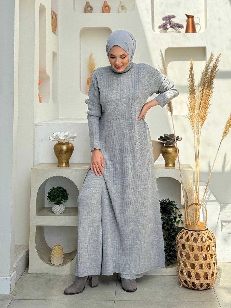 Turtleneck Slit Long Tunic and Trousers Double Knitwear Set 2-6001