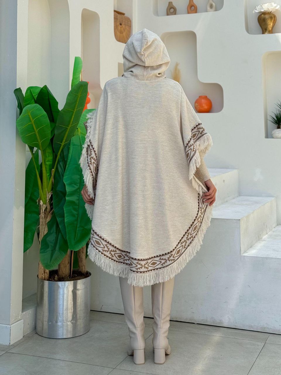 Hooded Ethnic Pattern Detailed Tassel Knitwear Poncho 12096