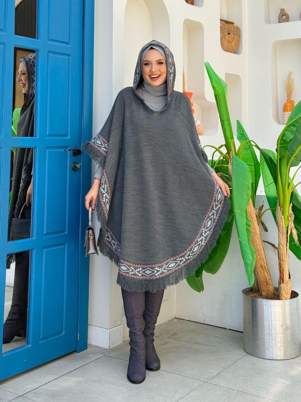 Hooded Ethnic Pattern Detailed Tassel Knitwear Poncho 12096