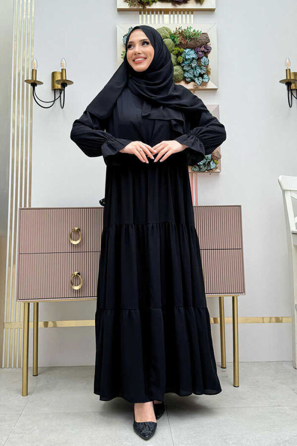 Elasticated Sleeve Layered Abaya Dress Set 3859