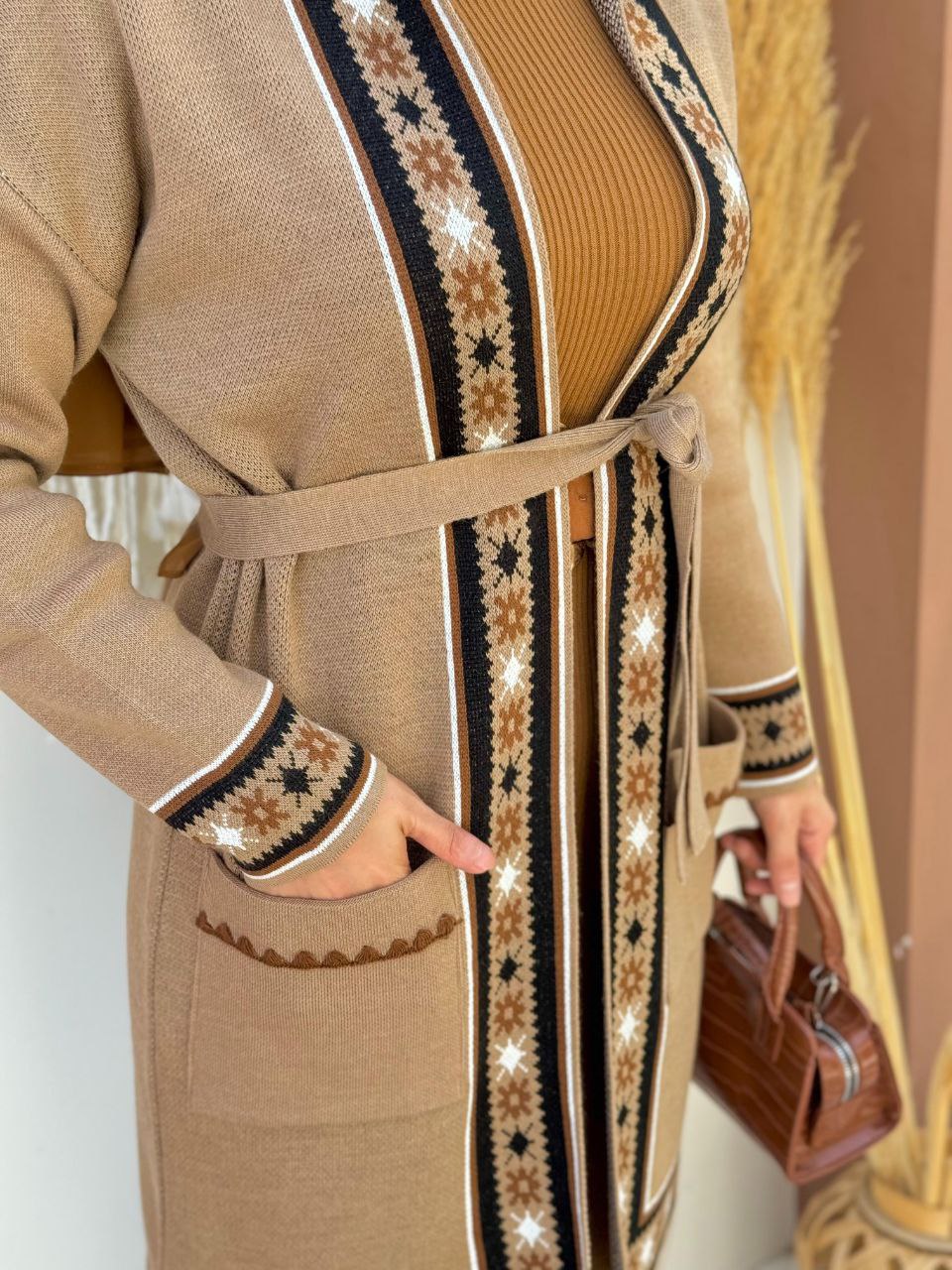 Ethnic Patterned Knitwear Cardigan with Pockets and Waist Belt 12043