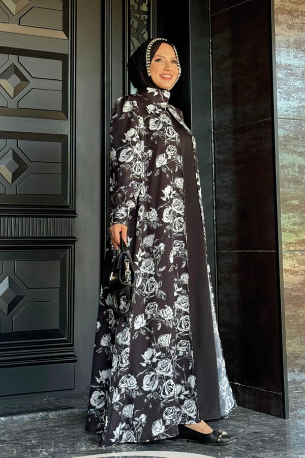 Tied Neck Floral Patterned Abaya Dress Set 3907