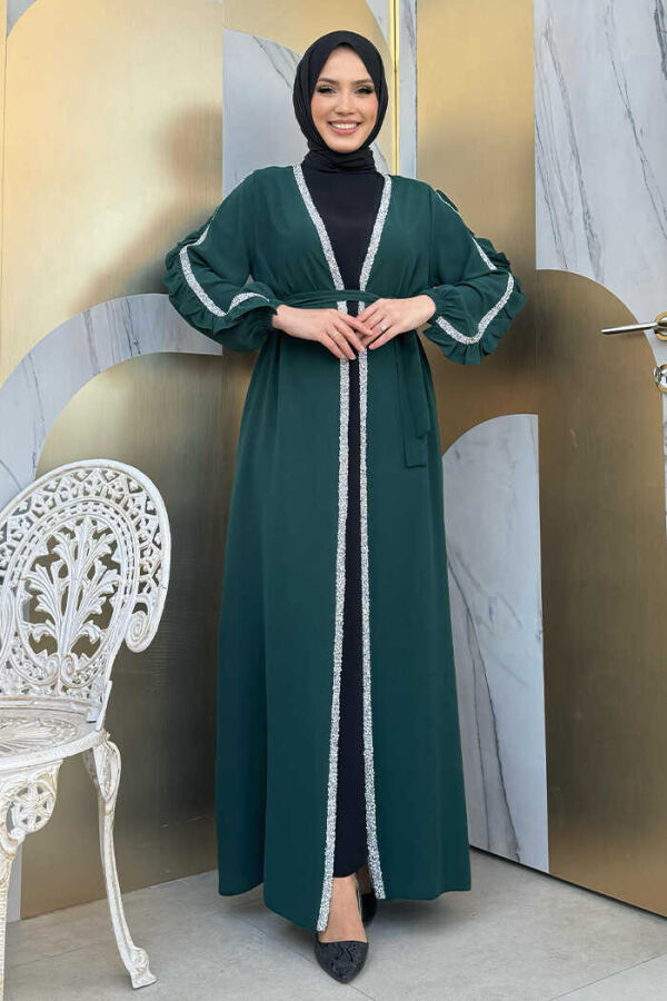 Frilled Sleeve Stone Detail Abaya Suit 8484