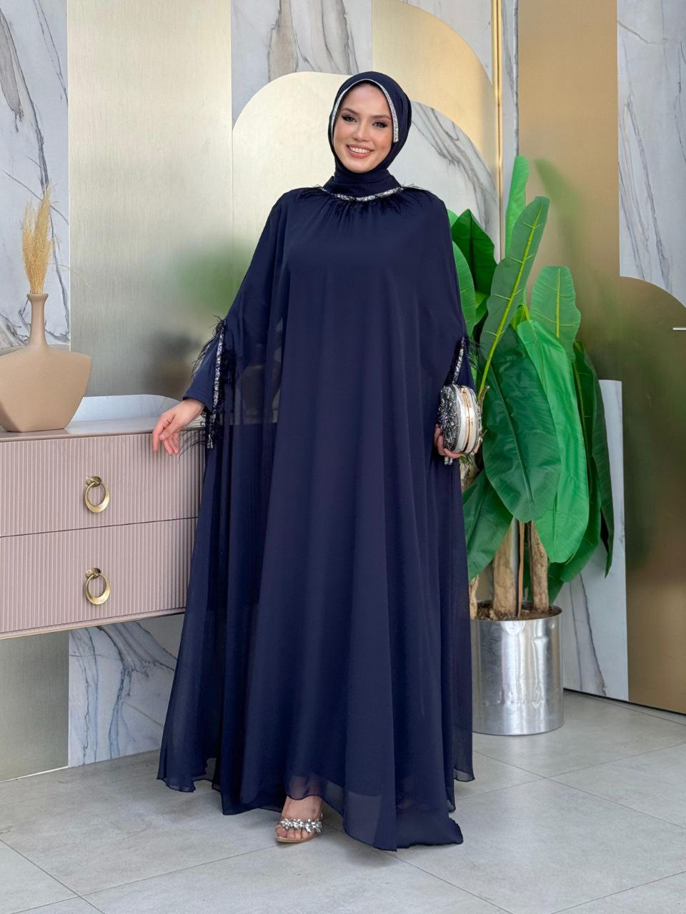 Tassel Collar Stone Detailed Abaya Dress Set 8494