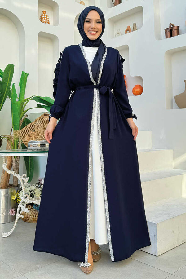 Frilled Sleeve Stone Detail Abaya Suit 8484