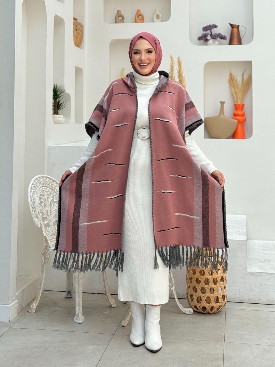 Hooded Tassel Detailed Knitwear Poncho 1606