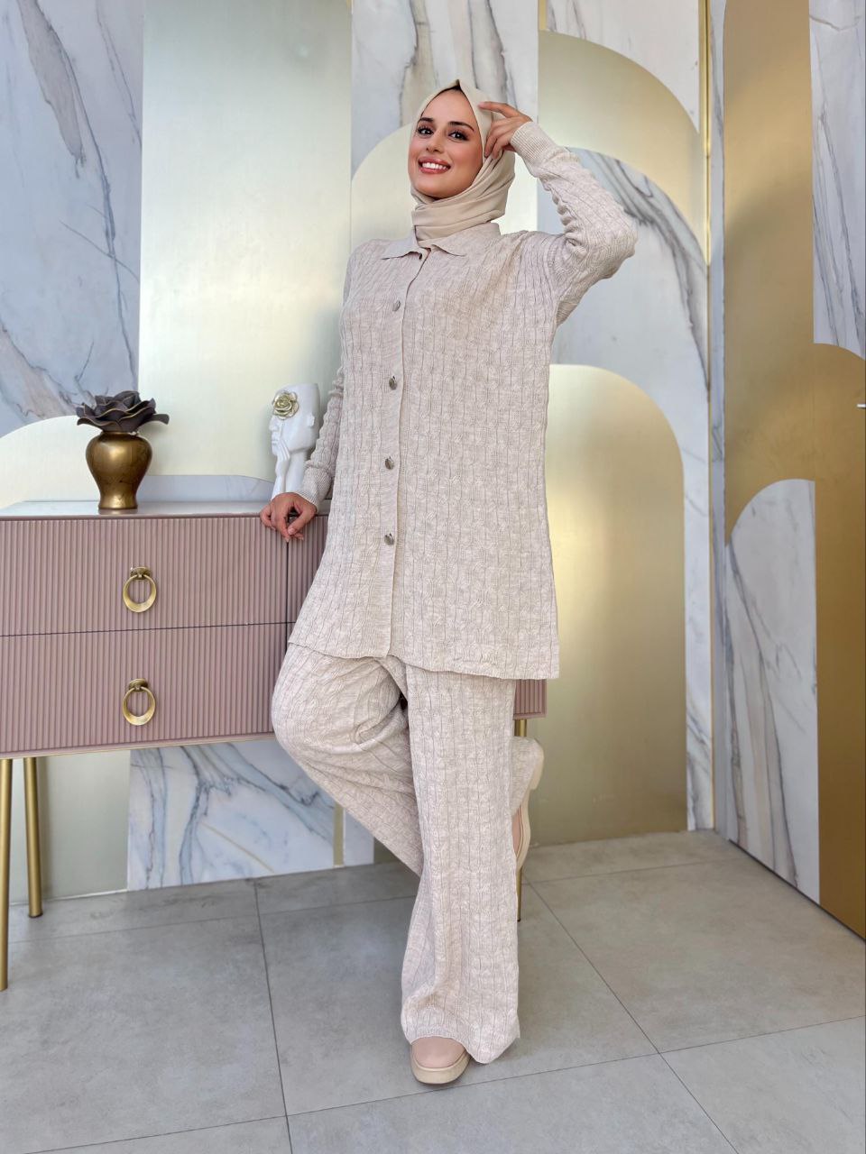 Embossed Patterned Tunic Buttoned Trouser Knitwear Suit 23311