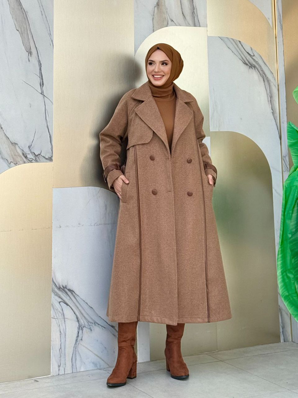 Lined Leather Detail Waist Belted Cashmere Coat 7868