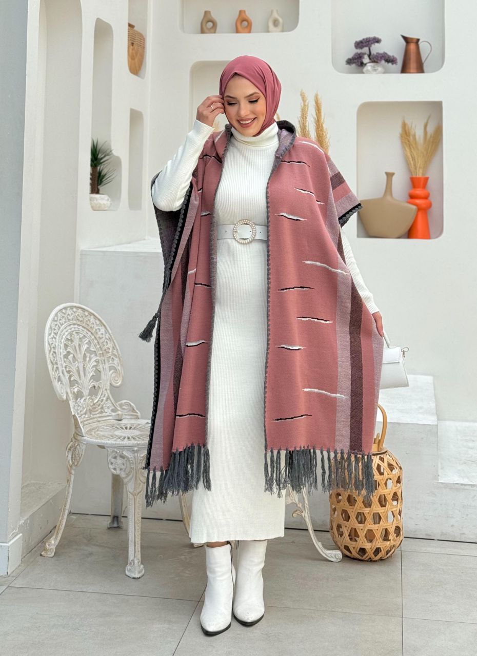 Hooded Tassel Detailed Knitwear Poncho 1606