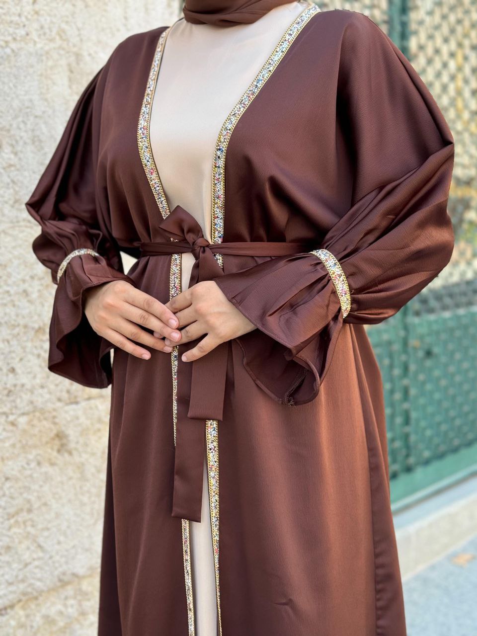 Stone Embroidery Detailed Belted Dress Abaya Suit 3860