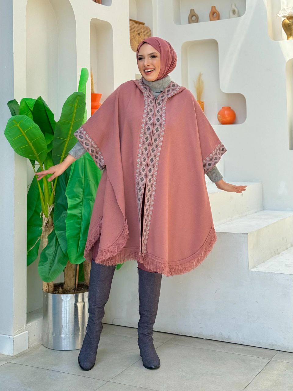 Hooded Zippered Tassel Detailed Knitwear Poncho 12023