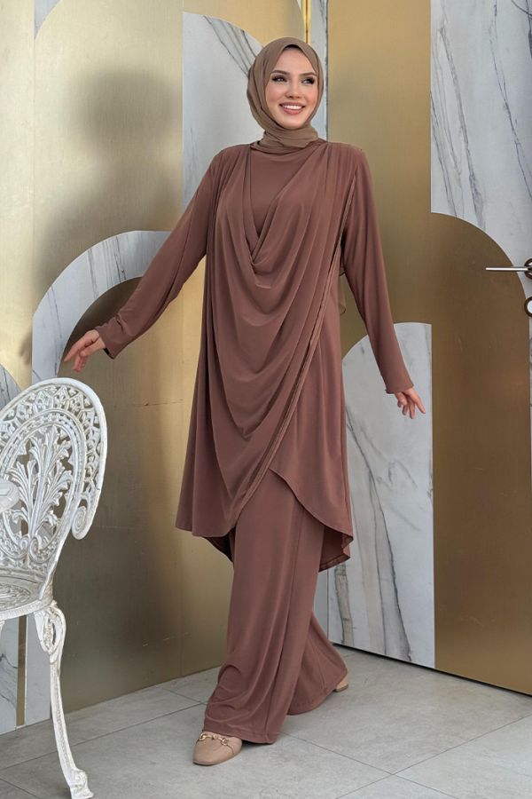 Shawl Collar Biased Asymmetric Cut Trouser Tunic Set 8552