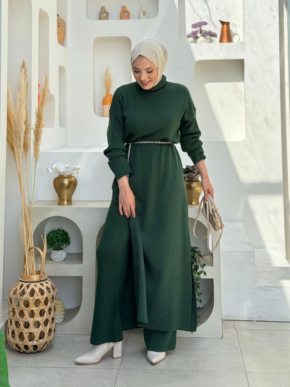 Turtleneck Slit Long Tunic and Trousers Double Knitwear Set 2-6001