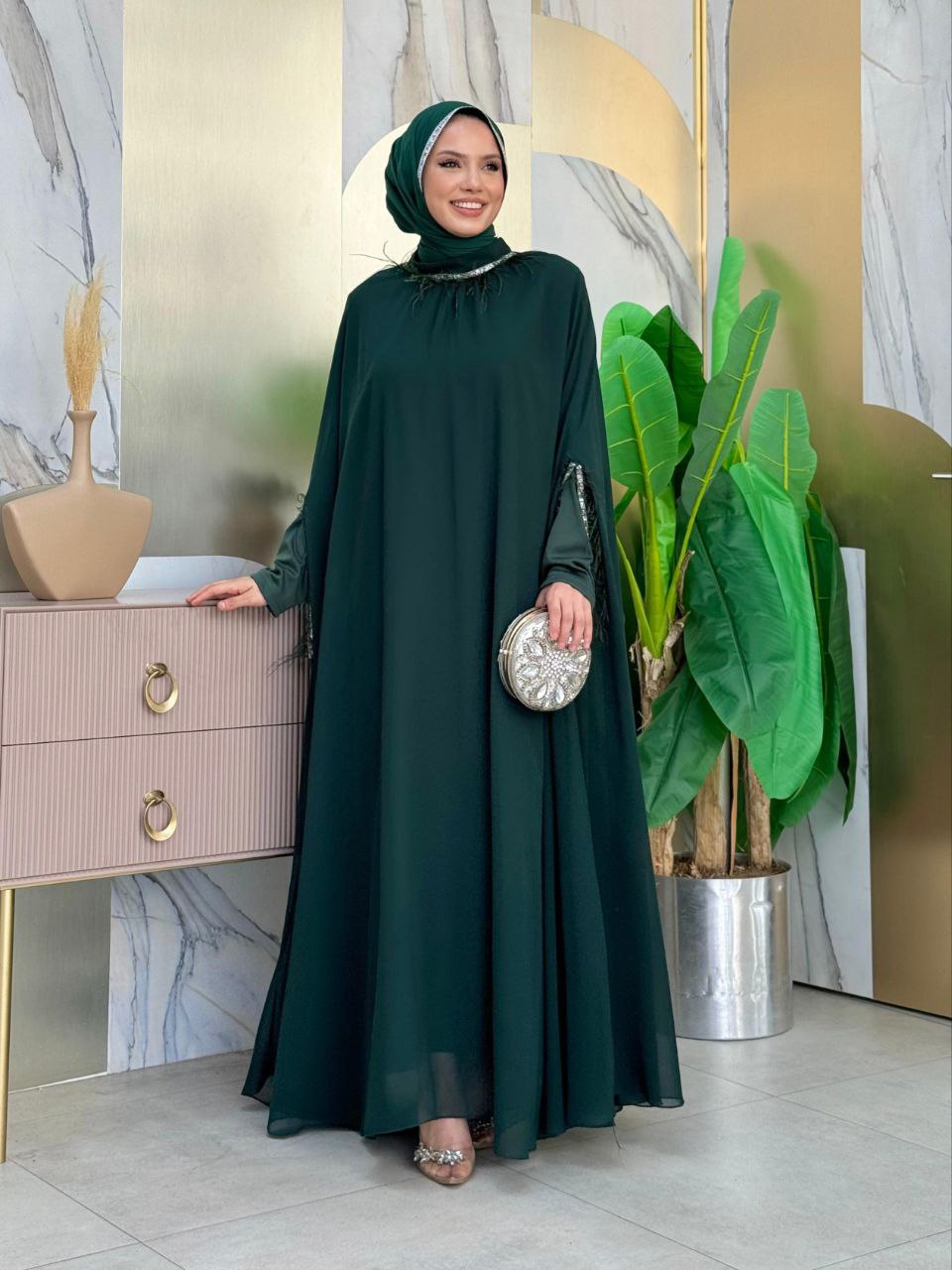 Tassel Collar Stone Detailed Abaya Dress Set 8494