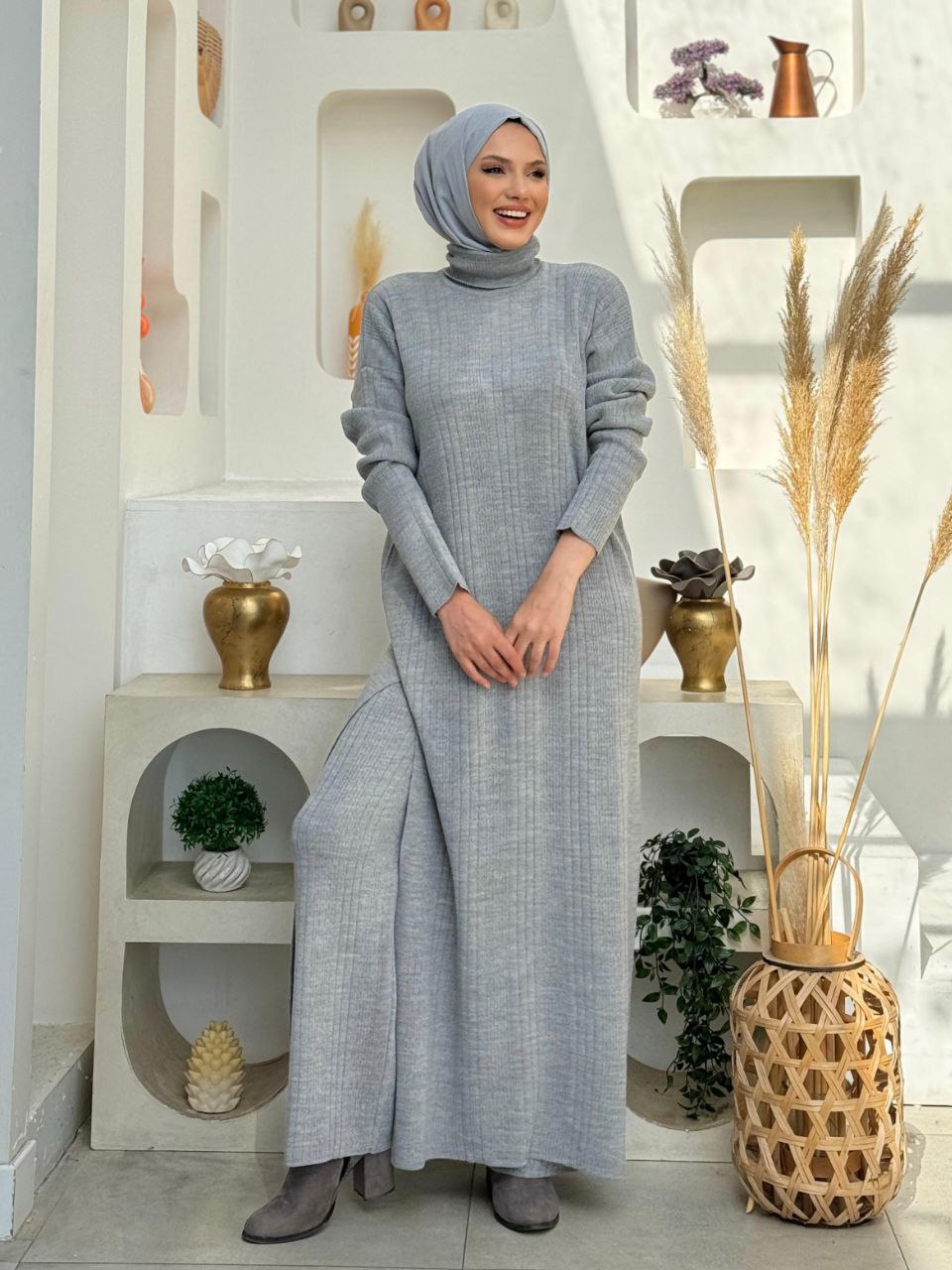 Turtleneck Slit Long Tunic and Trousers Double Knitwear Set 2-6001