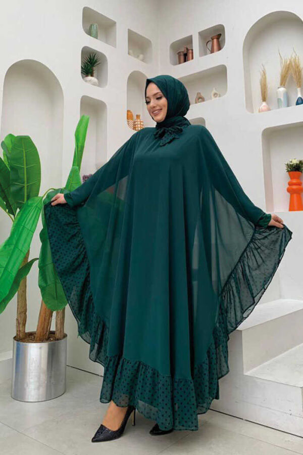 Spotted Collar Detail Chiffon Cape Dress Set 3643