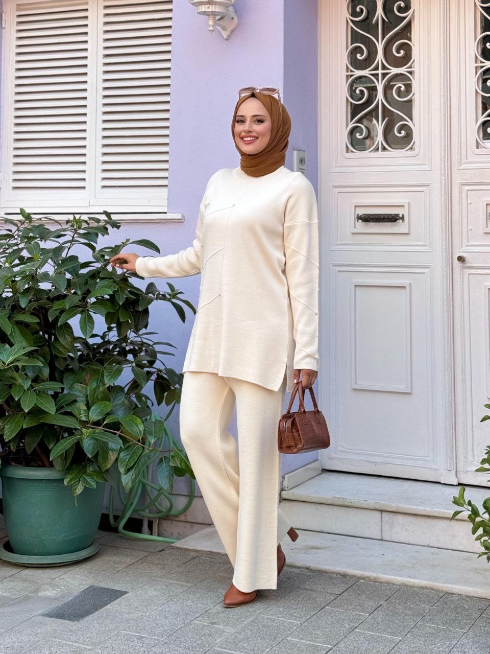 Stone Detailed Tunic and Trousers Double Knitwear Set 2-1545