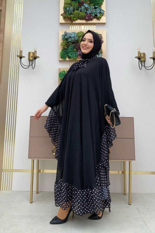 Spotted Collar Detail Chiffon Cape Dress Set 3643