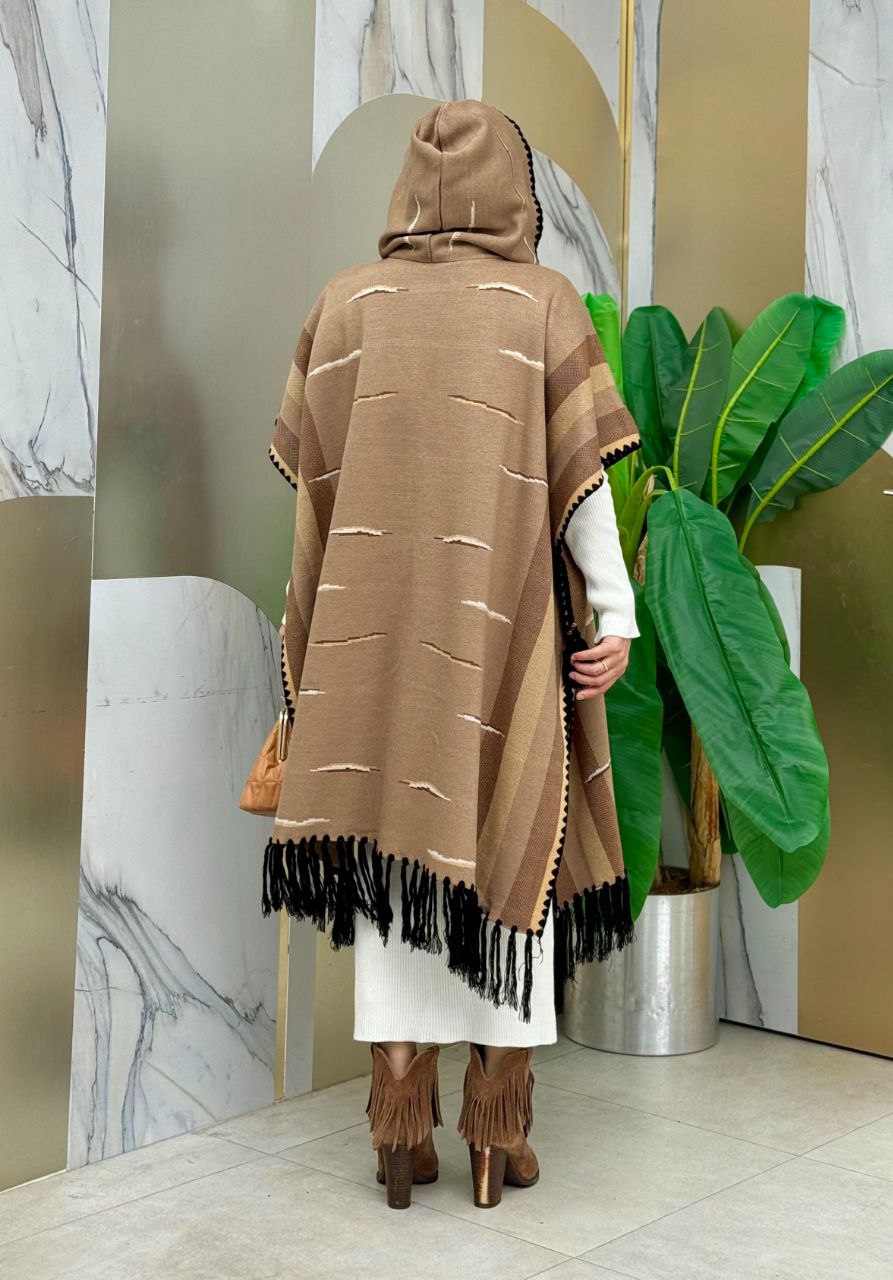 Hooded Tassel Detailed Knitwear Poncho 1606